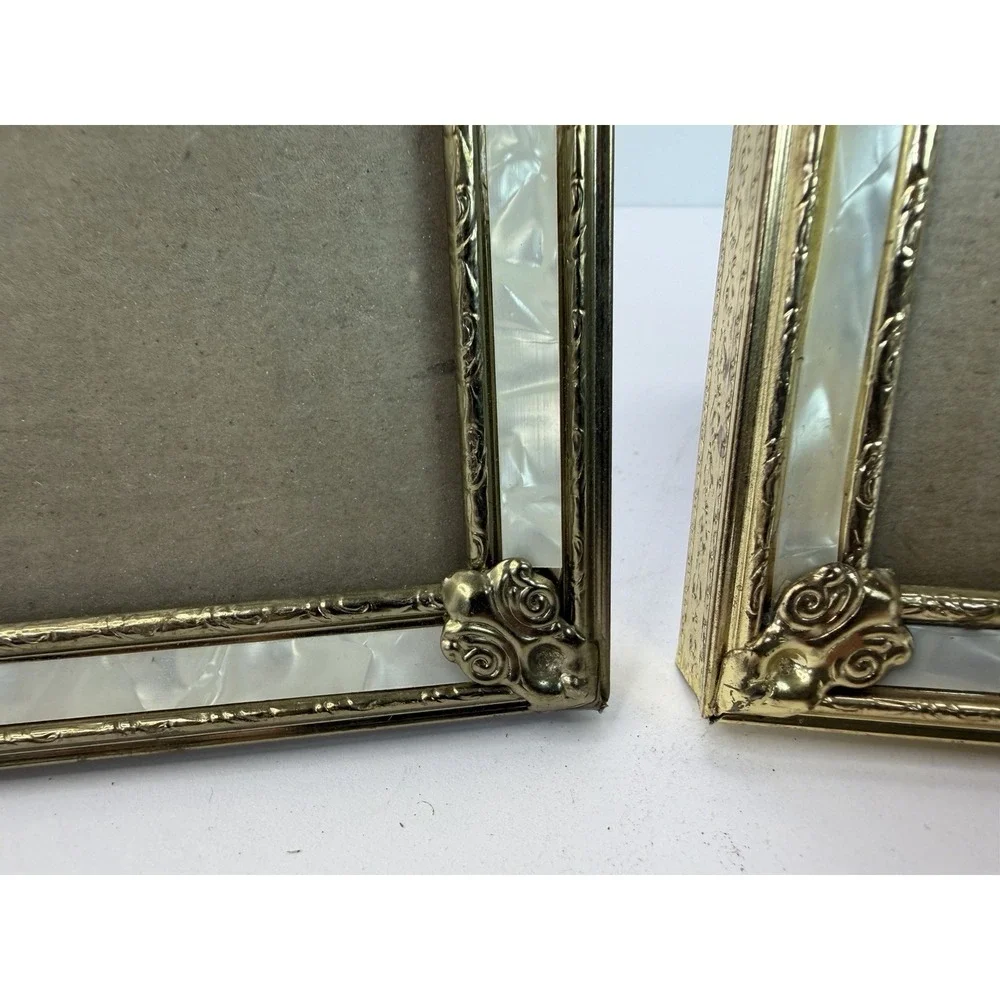 Vintage Stand Up Photo Frames Gold Brass Tone Metal Pearl Color Accent Lot 2 4x6